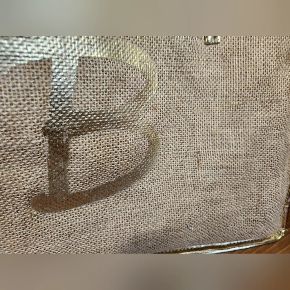 Tan Burlap with Gold Trim & Handles With Letter 